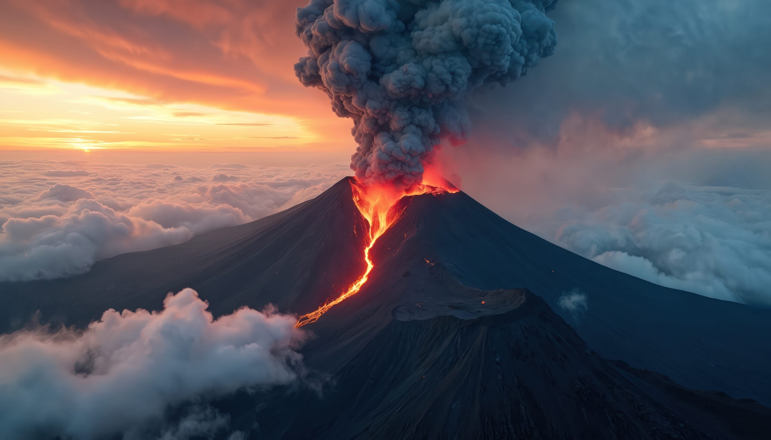 Dramatic photo of volcano eruption. Hot lava flows down mountain side. Smoke, ash clouds in the sky. Natural disaster active volcano erupting at sunset. Scenic view of nature.
